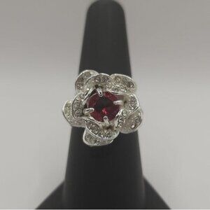 Silver Tone Rose Ring With Red & Clear Crystals Size 7.25 (NWOT)